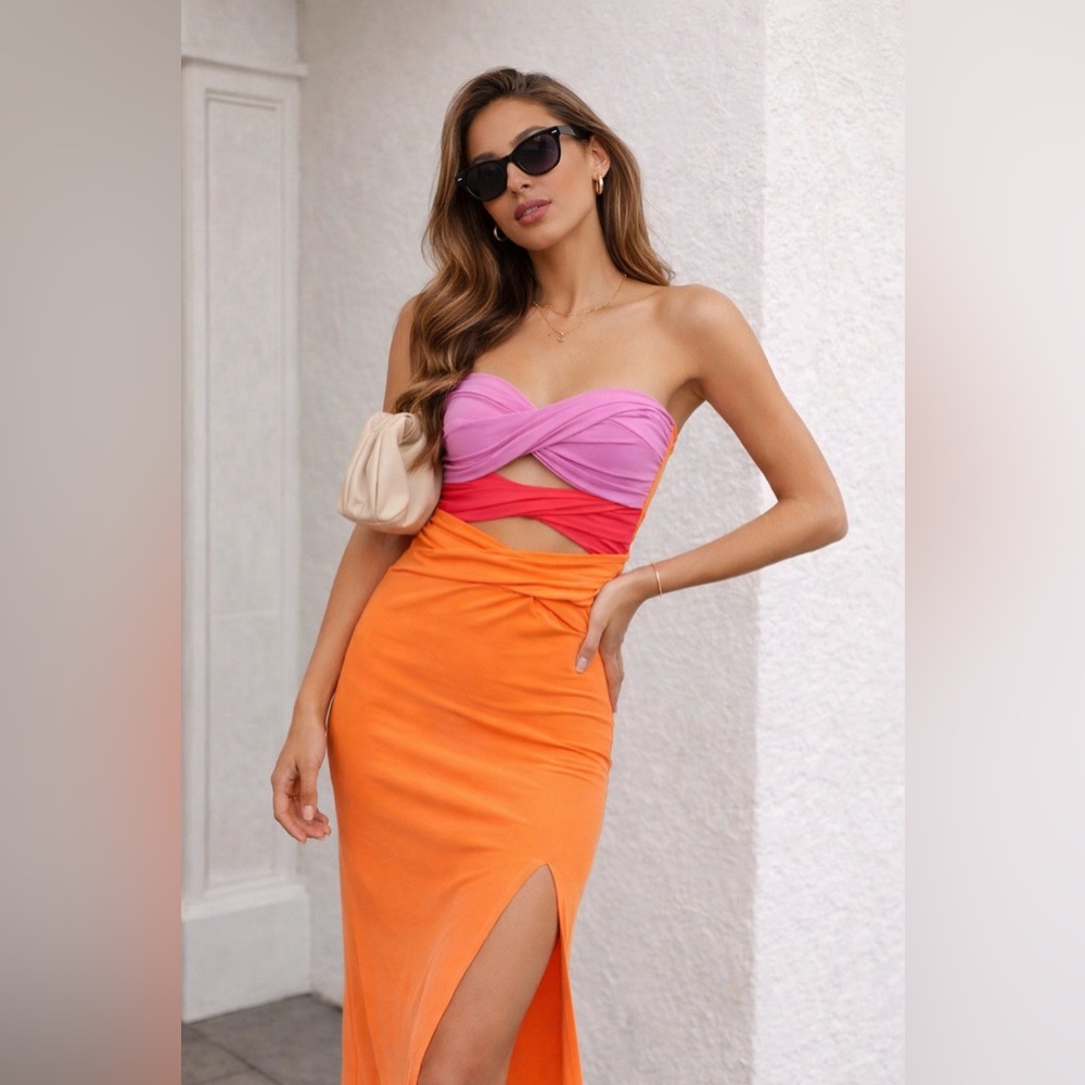 Commense Strapless Colorblock Maxi Dress in Pink, Red & Orange